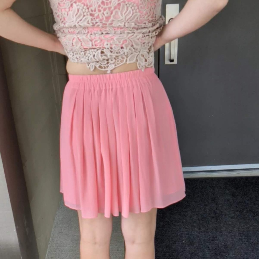 LOFT Mini Skirt Coral XXS pleats flowy sheer light weight dressy elastic waist - Picture 4 of 14